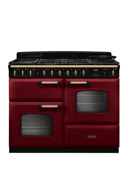 Rangemaster Classic Deluxe CLDLO110DFP 110cm Dual Fuel Range Cooker with Gas Hob, Bordeaux/Antique Brass