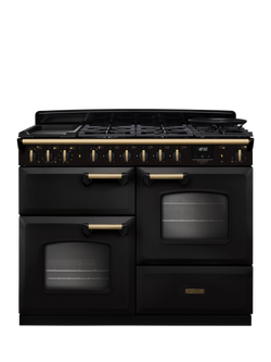 Rangemaster Classic Deluxe CLDLO110DFP 110cm Dual Fuel Range Cooker with Gas Hob, Charcoal Black/Antique Brass