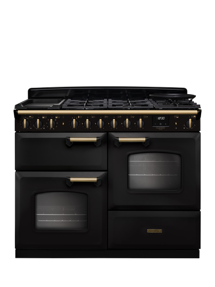 Rangemaster Classic Deluxe CLDLO110DFP 110cm Dual Fuel Range Cooker with Gas Hob, Charcoal Black/Antique Brass