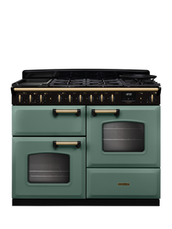 Rangemaster Classic Deluxe CLDLO110DFP 110cm Dual Fuel Range Cooker with Gas Hob, Mineral Green/Antique Brass