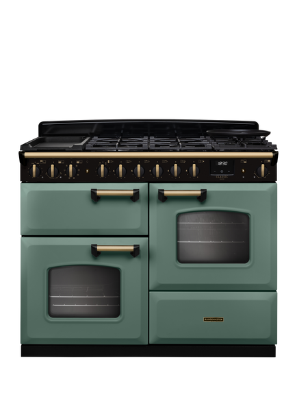 Rangemaster Classic Deluxe CLDLO110DFP 110cm Dual Fuel Range Cooker with Gas Hob, Mineral Green/Antique Brass