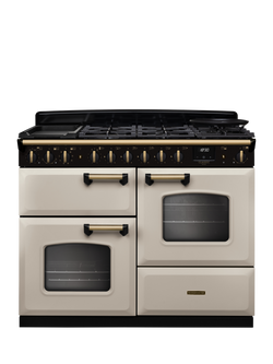 Rangemaster Classic Deluxe CLDLO110DFP 110cm Dual Fuel Range Cooker with Gas Hob, Pale Cream/Antique Brass