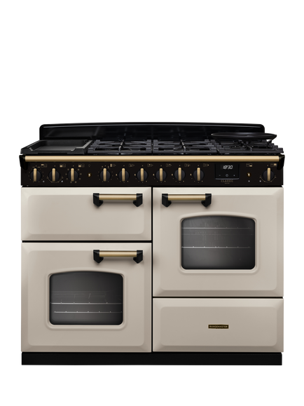 Rangemaster Classic Deluxe CLDLO110DFP 110cm Dual Fuel Range Cooker with Gas Hob, Pale Cream/Antique Brass