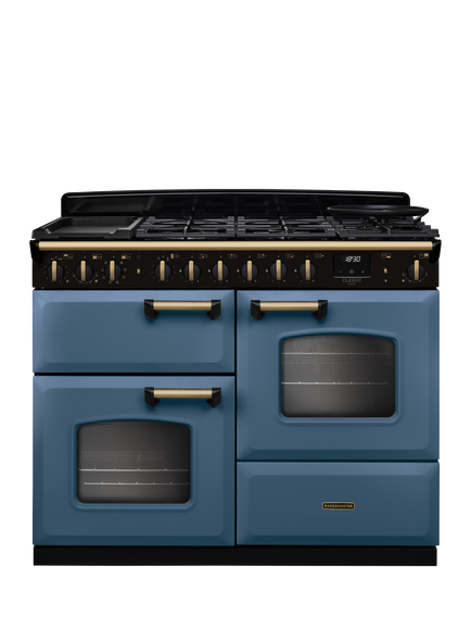 Rangemaster Classic Deluxe CLDLO110DFP 110cm Dual Fuel Range Cooker with Gas Hob, Stone Blue/Antique Brass