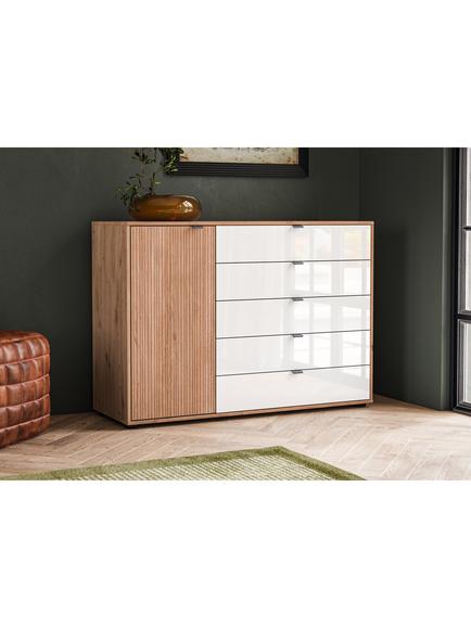 John Lewis Aspen 5 Glass Drawer & 1 Wooden Door Chest - view 2, White Oak