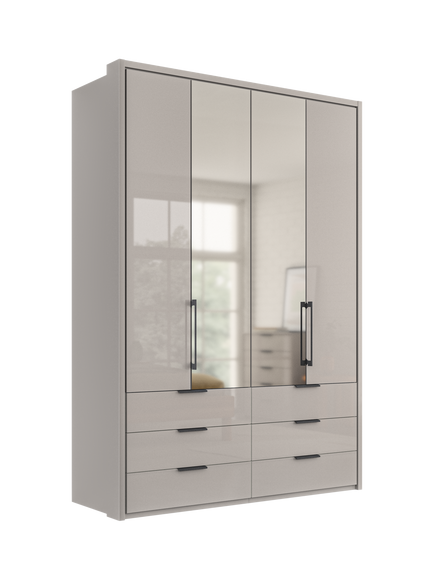 John Lewis Osaka 1.5m Bi-Fold Wardrobe with 2 Glass Doors, 2 Mirrored Doors & 6 Glass Drawers, Pebble Grey