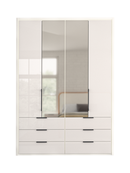 John Lewis Osaka 1.5m Bi-Fold Wardrobe with 2 Glass Doors, 2 Mirrored Doors & 6 Glass Drawers, White