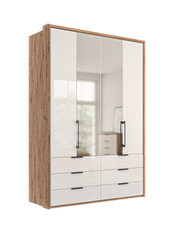 John Lewis Osaka 1.5m Bi-Fold Wardrobe with 2 Glass Doors, 2 Mirrored Doors & 6 Glass Drawers, White Oak