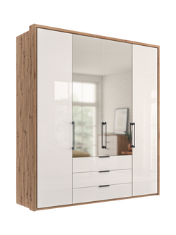 John Lewis Osaka 2m Bi-Fold Wardrobe with 2 Glass Doors, 2 Mirrored Doors & 3 Glass Drawers, White Oak