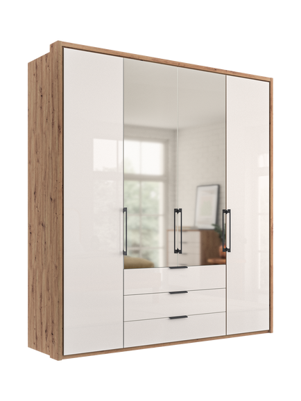 John Lewis Osaka 2m Bi-Fold Wardrobe with 2 Glass Doors, 2 Mirrored Doors & 3 Glass Drawers, White Oak