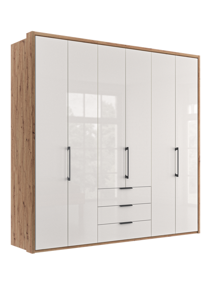 John Lewis Osaka 2.25m Bi-Fold Wardrobe with 6 Glass Doors & 3 Glass Drawers, White Oak