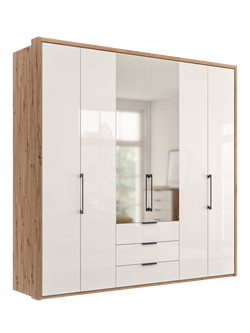John Lewis Osaka 2m Bi-Fold Wardrobe with 4 Glass Doors, 2 Mirrored Doors & 3 Glass Drawers, White Oak
