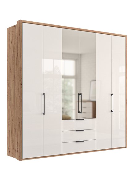 John Lewis Osaka 2.25m Bi-Fold Wardrobe with 4 Glass Doors, 2 Mirrored Doors & 3 Glass Drawers, White Oak
