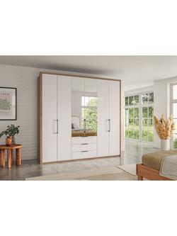 John Lewis Osaka 2m Bi-Fold Wardrobe with 4 Glass Doors, 2 Mirrored Doors & 3 Glass Drawers - view 2, White Oak