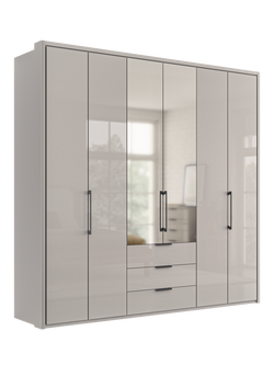 John Lewis Osaka 2.5m Bi-Fold Wardrobe with 4 Glass Doors, 2 Mirrored Doors & 3 Glass Drawers, Pebble Grey