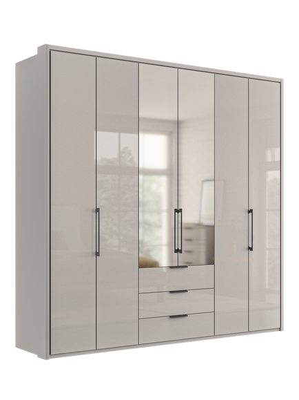 John Lewis Osaka 2.25m Bi-Fold Wardrobe with 4 Glass Doors, 2 Mirrored Doors & 3 Glass Drawers, Pebble Grey