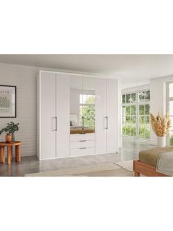 John Lewis Osaka 2.25m Bi-Fold Wardrobe with 4 Glass Doors, 2 Mirrored Doors & 3 Glass Drawers, White