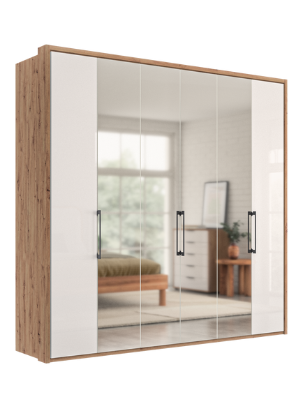 John Lewis Osaka 2.25m Bi-Fold Wardrobe with 2 Glass Doors & 4 Mirrored Doors, Brown/White