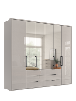John Lewis Osaka 2.5m Bi-Fold Wardrobe with 2 Glass Doors, 4 Mirrored Doors & 6 Glass Drawers, Pebble Grey