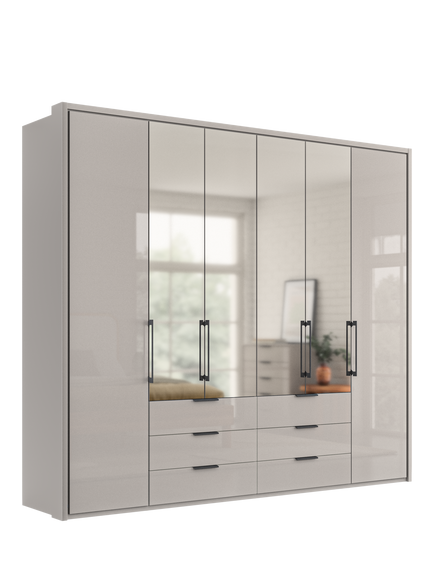 John Lewis Osaka 2.5m Bi-Fold Wardrobe with 2 Glass Doors, 4 Mirrored Doors & 6 Glass Drawers, Pebble Grey
