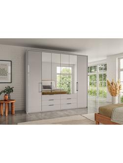 John Lewis Osaka 2.5m Bi-Fold Wardrobe with 2 Glass Doors, 4 Mirrored Doors & 6 Glass Drawers - view 2, Pebble Grey