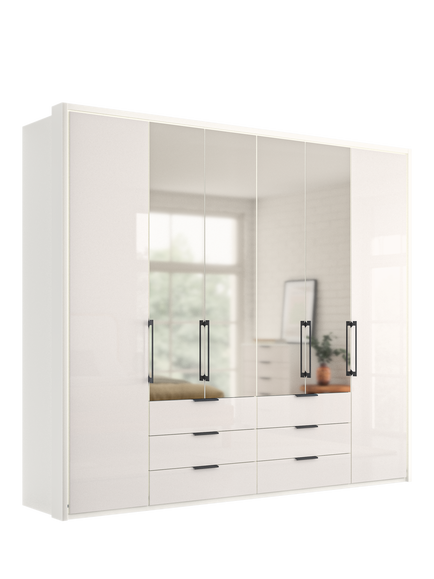 John Lewis Osaka 2.5m Bi-Fold Wardrobe with 2 Glass Doors, 4 Mirrored Doors & 6 Glass Drawers - view 2, White