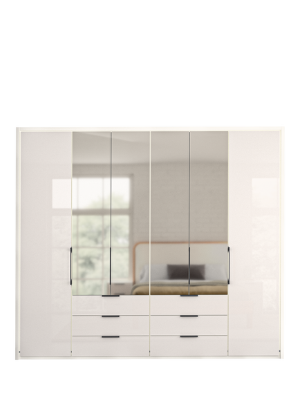 John Lewis Osaka 2.5m Bi-Fold Wardrobe with 2 Glass Doors, 4 Mirrored Doors & 6 Glass Drawers, White