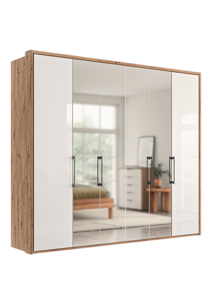 John Lewis Osaka 2.5m Bi-Fold Wardrobe with 2 Glass Doors & 4 Mirrored Doors, White Oak