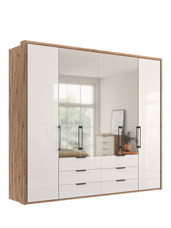 John Lewis Osaka 2.5m Bi-Fold Wardrobe with 2 Glass Doors, 4 Mirrored Doors & 6 Glass Drawers, White Oak