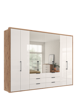 John Lewis Osaka 3m Bi-Fold Wardrobe with 4 Glass Doors, 4 Mirrored Doors & 6 Glass Drawers, White Oak