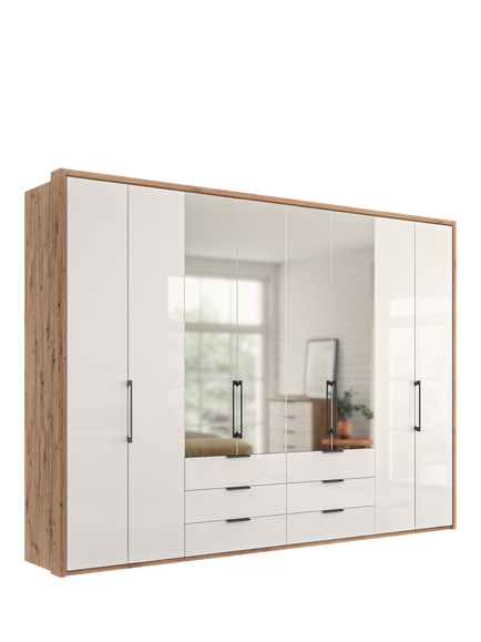 John Lewis Osaka 3m Bi-Fold Wardrobe with 4 Glass Doors, 4 Mirrored Doors & 6 Glass Drawers, White Oak