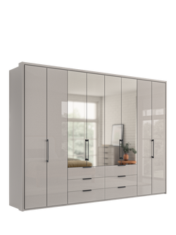 John Lewis Osaka 3m Bi-Fold Wardrobe with 4 Glass Doors, 4 Mirrored Doors & 6 Glass Drawers, Pebble Grey