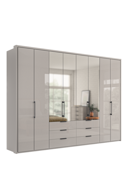 John Lewis Osaka 3m Bi-Fold Wardrobe with 4 Glass Doors, 4 Mirrored Doors & 6 Glass Drawers, Pebble Grey