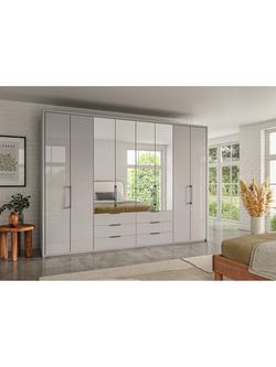 John Lewis Osaka 3m Bi-Fold Wardrobe with 4 Glass Doors, 4 Mirrored Doors & 6 Glass Drawers - view 2, Pebble Grey