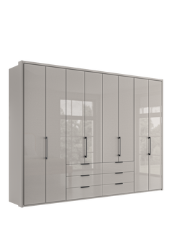 John Lewis Osaka 3m Bi-Fold Wardrobe with 8 Glass Doors & 6 Glass Drawers, Pebble Grey