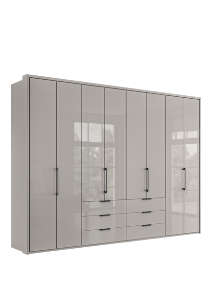 John Lewis Osaka 3m Bi-Fold Wardrobe with 8 Glass Doors & 6 Glass Drawers, Pebble Grey