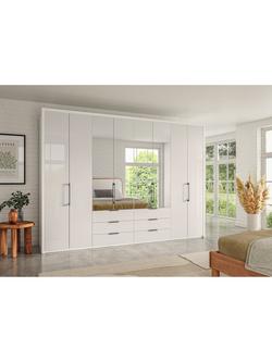 John Lewis Osaka 3m Bi-Fold Wardrobe with 4 Glass Doors, 4 Mirrored Doors & 6 Glass Drawers, White