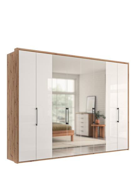 John Lewis Osaka 3m Bi-Fold Wardrobe with 4 Glass Doors & 4 Mirrored Doors, White Oak