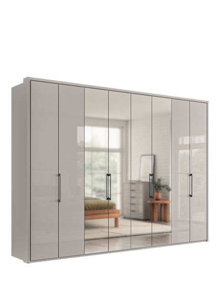 John Lewis Osaka 3m Bi-Fold Wardrobe with 4 Glass Doors & 4 Mirrored Doors, Pebble Grey