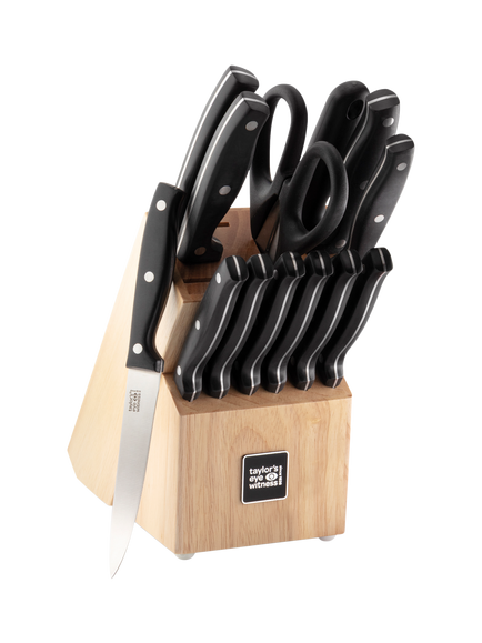 Taylor's Eye Witness Filled Rubber Wood Kitchen Knife Block with Honing Steel, 13 Piece, Natural/Black - view 2, Black/Natural