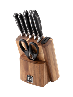 Taylor's Eye Witness Filled Acacia Wood Kitchen Knife Block & Sharpener, 6 Piece, Black/Natural, Black/Natural