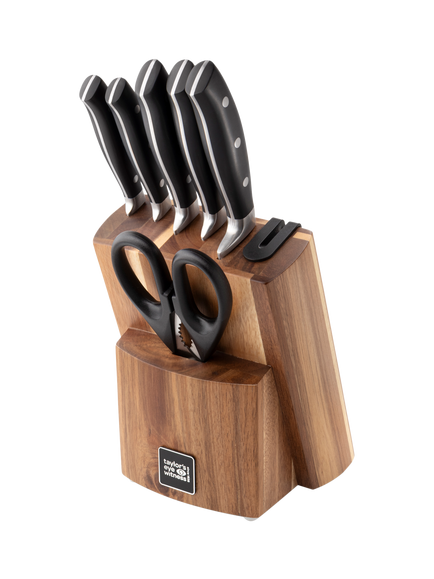 Taylor's Eye Witness Filled Acacia Wood Kitchen Knife Block & Sharpener, 6 Piece, Black/Natural, Black/Natural
