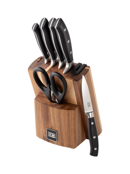Taylor's Eye Witness Filled Acacia Wood Kitchen Knife Block & Sharpener, 6 Piece, Black/Natural - view 2, Black/Natural