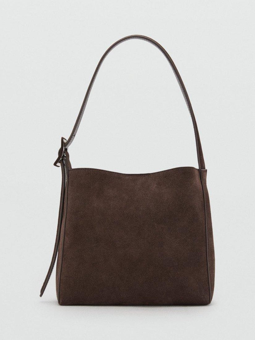 Product image 1 of 4, which shows Mango Igor Suede Leather Shoulder Bag, Dark Brown