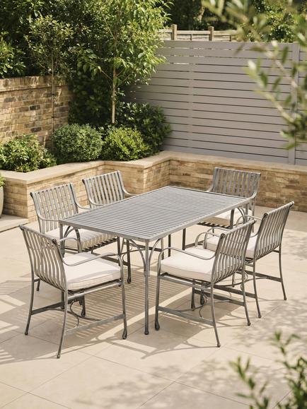 John Lewis Ribbon 6-Seater Rectangular Metal Garden Dining Table & Chairs Set, Grey - view 2, Grey