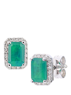 Mogul 18ct White Gold Emerald Diamond Stud Earrings, White
