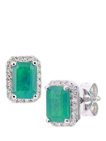 Mogul 18ct White Gold Emerald Diamond Stud Earrings, White