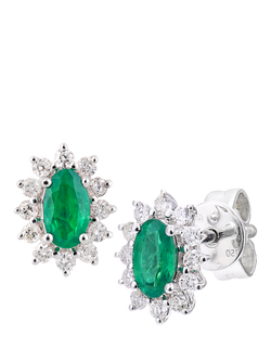 Mogul 18ct White Gold Oval Emerald and Diamond Stud Earrings, White
