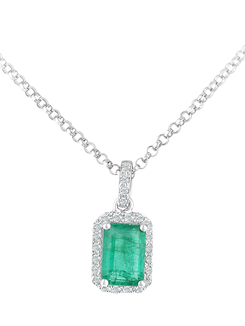 Product image 1 of 4, which shows Mogul 18ct White Gold Octagon Cut Emerald and Diamond Pendant Necklace