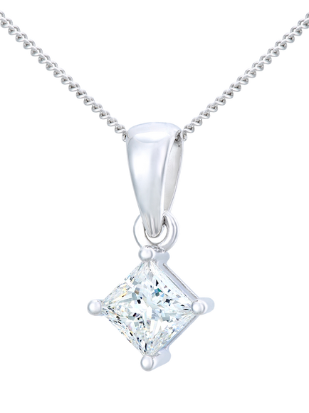Mogul 18ct White Gold Princess Cut Diamond Solitaire Pendant Necklace. 0.75ct, White